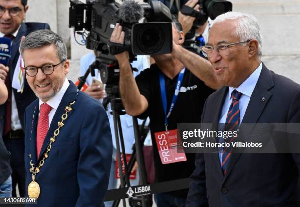 Lisbon Mayor Carlos Moedas greets Portuguese Antonio Costa while arriving to commemorate in Praça do Municipio the 112th anniversary of the...