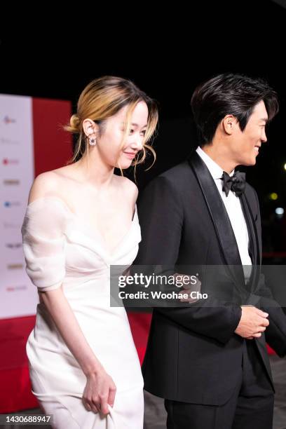 Jin Seon-kyu and Jeon Jong-seo walk on the red carpet at the opening ceremony during the 27th Busan International Film Festival at Busan Cinema...