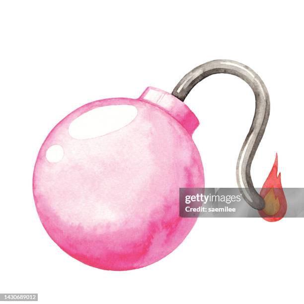 watercolor pink bomb - burning fuse stock illustrations