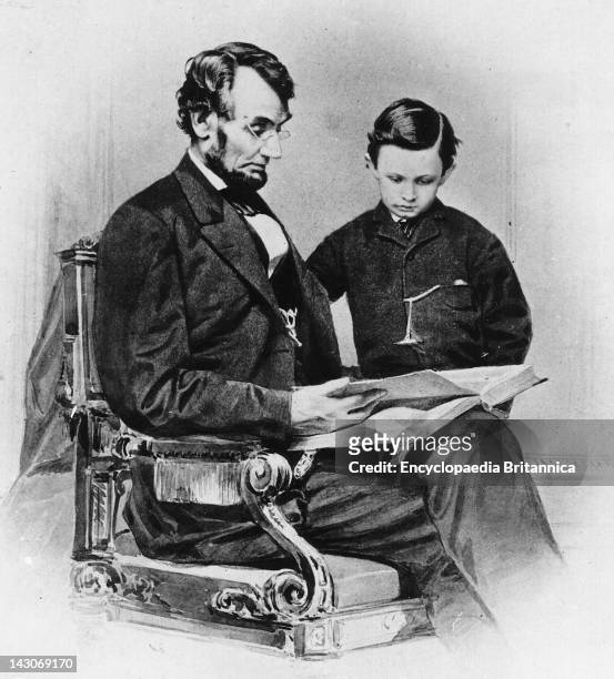 Abraham Lincoln With His Son Tad, Abraham Lincoln, U.S, President, Looking At A Photo Album With His Son, Thomas "Tad" Lincoln, February 9 Mathew...
