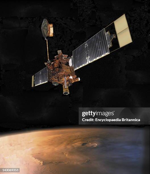 Mars Global Surveyor Over Olympus Mons, Mars Global Surveyor In Orbit Over The Martian Volcano Olympus Mons, In An Artist'S Conception.