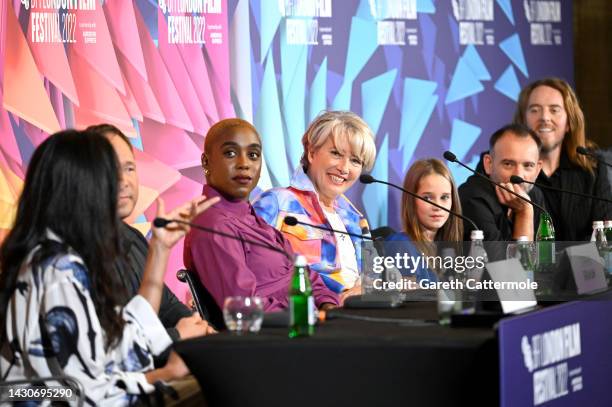 Sindhu Vee, Stephen Graham, Lashana Lynch, Dame Emma Thompson, Alisha Weir, Matthew Warchus, and Tim Minchin during the press conference for Roald...