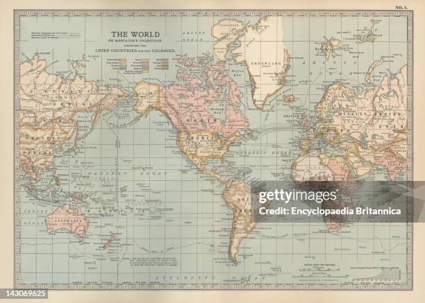 Map Of The Colonial Powers Map Of The World Showing "The Chief Countries And Their Colonies," Circa 1902, From The 10Th Edition Of Encyclopaedia...
