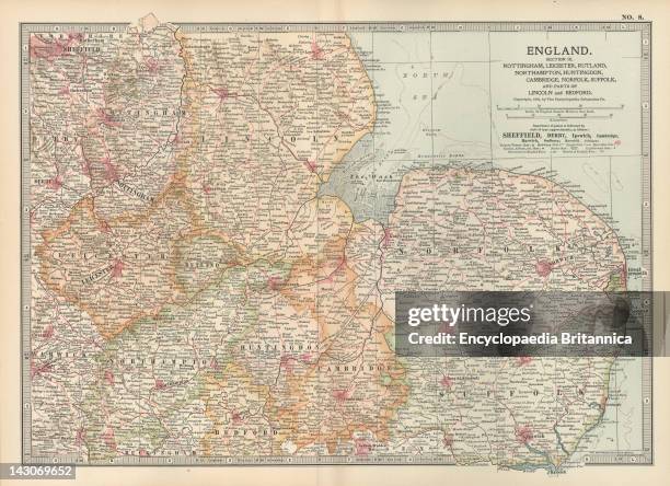Map Of England, Map Of England, Including Nottingham, Leicester, Rutland, Northampton, Huntingdon, Cambridge, Norfolk, Circa 1902, From The 10Th...
