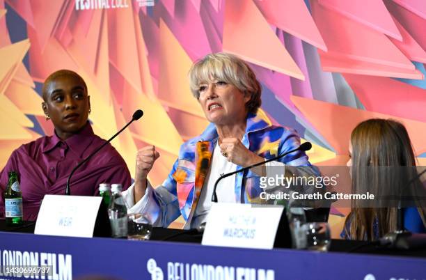 Lashana Lynch, Dame Emma Thompson and Alisha Weir during the press conference for Roald Dahl's "Matilda The Musical" part the 66th BFI London Film...