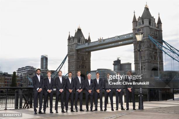 In this photograph released today, the players from Team Europe pose for a photograph in-front of Tower Bridge ahead of the Laver Cup in London,...