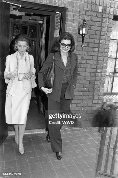 Jayne Wrightsman and Jacqueline Bouvier Kennedy Onassis visit Hermitage restaurant in New York City on May 11, 1977.