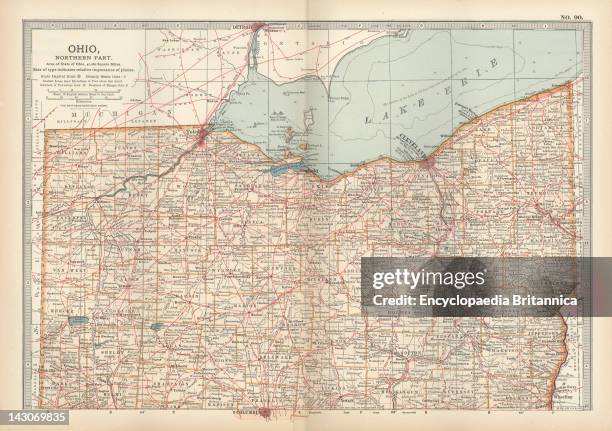 Map Of Northern Ohio, Map Of The Northern Part Of Ohio, United States, Circa 1902, From The 10Th Edition Of Encyclopaedia Britannica.