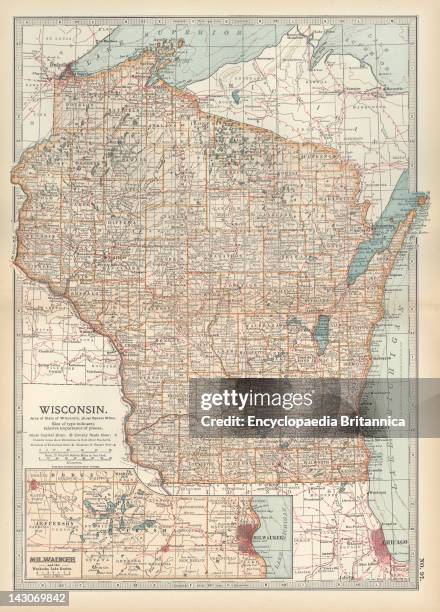 Map Of Wisconsin, Map Of Wisconsin, United States, With An Inset Map Of Milwaukee And The Waukesha Lake Region, Circa 1902, From The 10Th Edition Of...