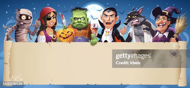 stockillustraties, clipart, cartoons en iconen met scary halloween creatures- banner - monster fictieve figuren