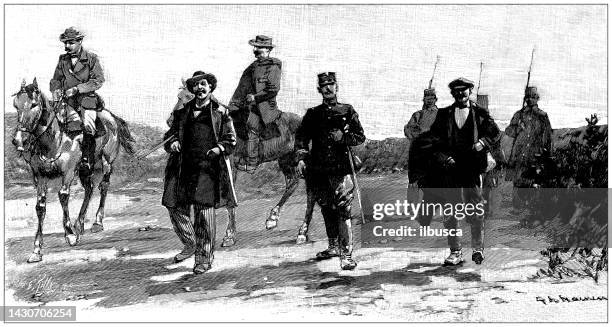 antique image: greco-turkish war, journalist reporters - media interview concept stock illustrations