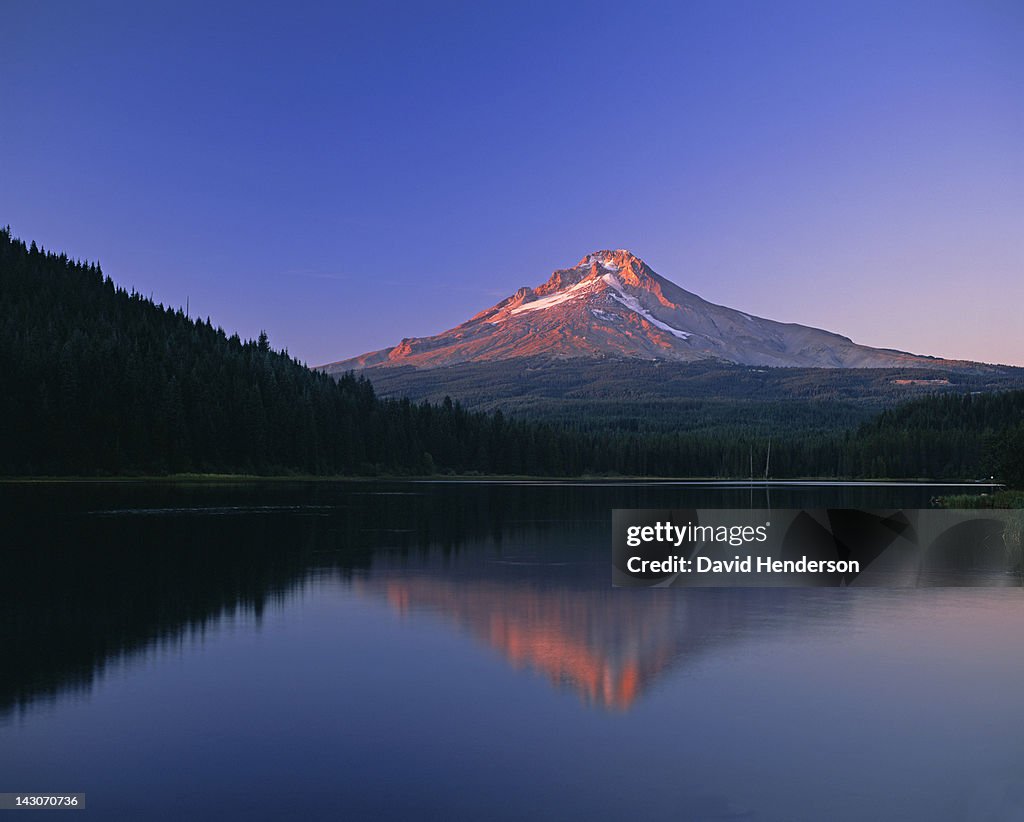 Forest and mountaintop reflected in still lake