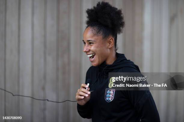 Demi Stokes of England looks on during England October Internationals Camp at The Lensbury on October 04, 2022 in Teddington, England.