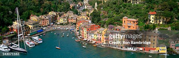aerial view of coastal town and harbor - portofino stock pictures, royalty-free photos & images