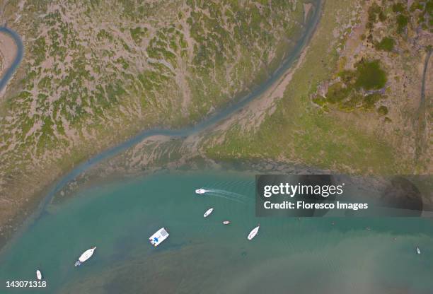 aerial view of boats in bay and coastline - lymington stock pictures, royalty-free photos & images