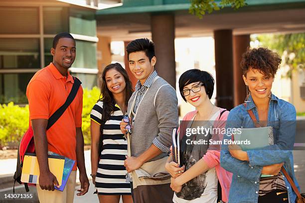 smiling students standing together outdoors - university of california los angeles stockfoto's en -beelden