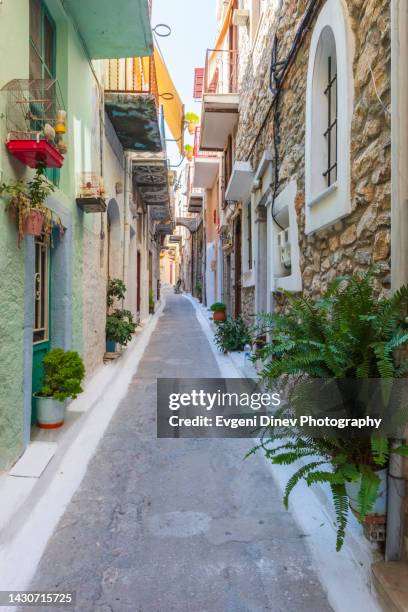 town of pyrgi in chios island, greece - flower pot island stock pictures, royalty-free photos & images