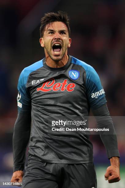 Giovanni Simeone of Napoli celebrates scoring his teams sixth goal of the game during the UEFA Champions League group A match between AFC Ajax and...