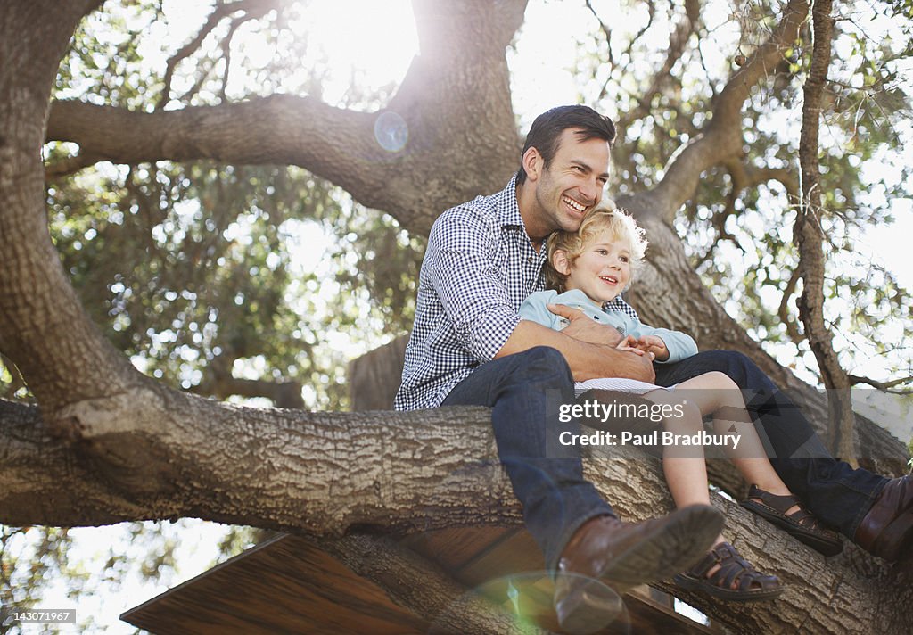Father and son hugging in tree