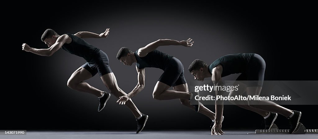 Sequence of male athlete running from starting line