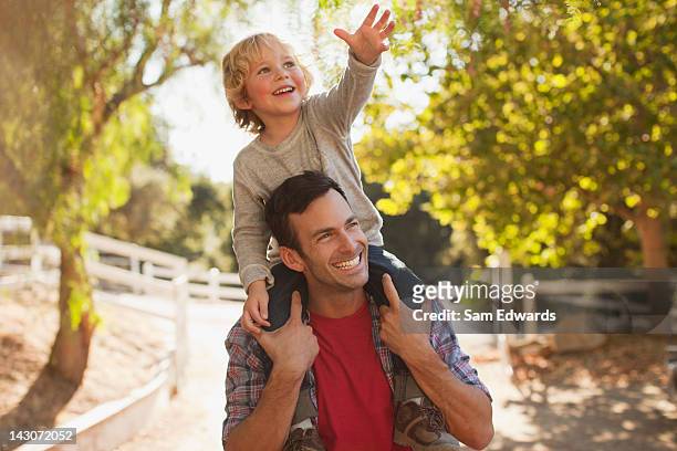 father carrying son on shoulders - carrying on shoulders stock pictures, royalty-free photos & images