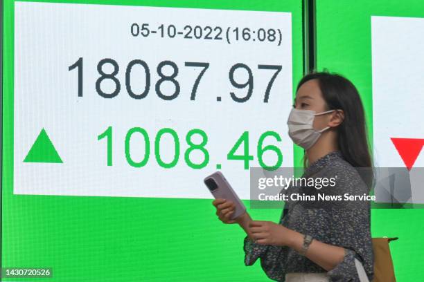 Pedestrian walks by an electronic screen displaying the numbers for the Hang Seng Index on October 5, 2022 in Hong Kong, China.