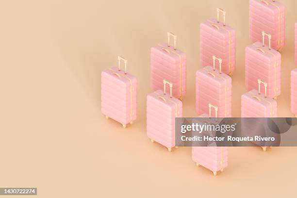 3d render of many pink suitcase on yellow background, travel concept - yellow suitcase stock pictures, royalty-free photos & images