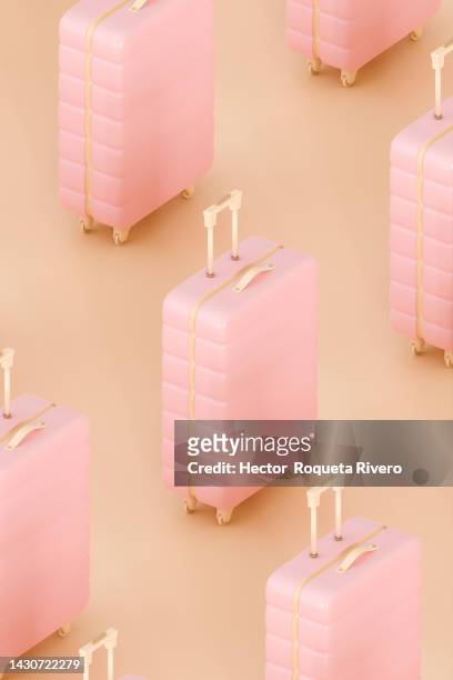 3d render of many pink suitcase on yellow background, travel concept - rolling luggage stock pictures, royalty-free photos & images