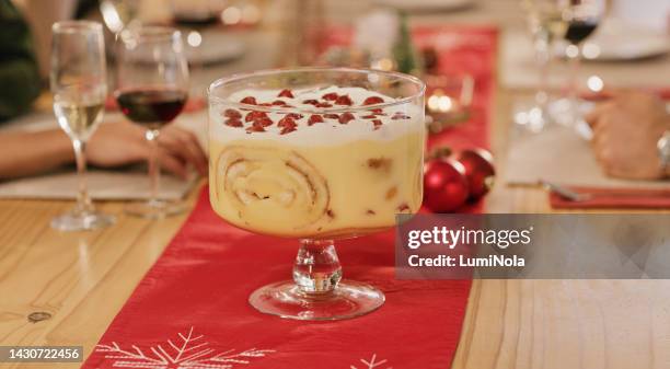 christmas dessert, holiday and dinner party of family and friends with wine at a home table. celebration with alcohol in a house with food and drink at a event, vacation break or celebrating holidays - christmas cake stock pictures, royalty-free photos & images