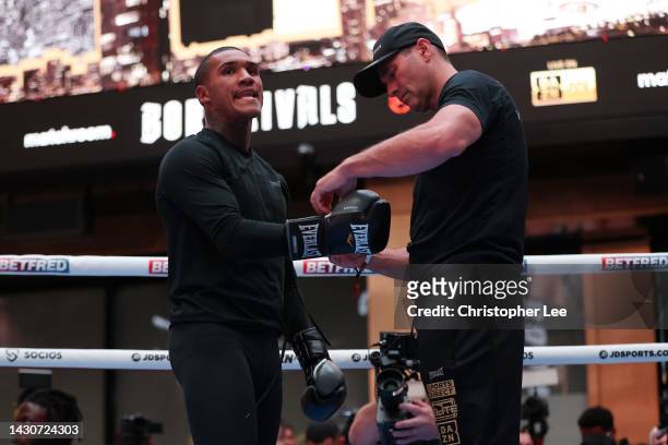 Conor Benn trains during a Media Workout at The Now Building on October 05, 2022 in London, England.