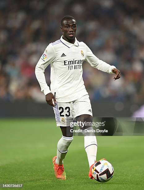 Ferland Mendy of Real Madrid controls the ball during the LaLiga Santander match between Real Madrid CF and CA Osasuna at Estadio Santiago Bernabeu...