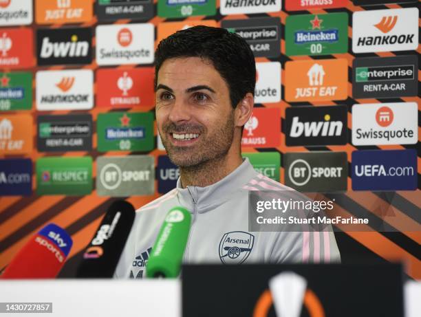 Arsenal manager Mikel Arteta attends a press conference at London Colney on October 05, 2022 in St Albans, England.