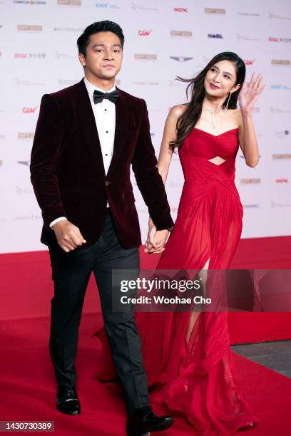 Deva Mahenra and Mikha Tambayong walk on the red carpet at the opening ceremony during the 27th Busan International Film Festival at Busan Cinema...