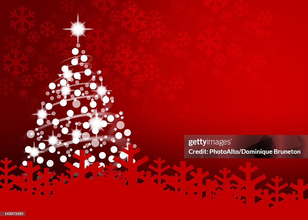 Illuminated Christmas tree on red background