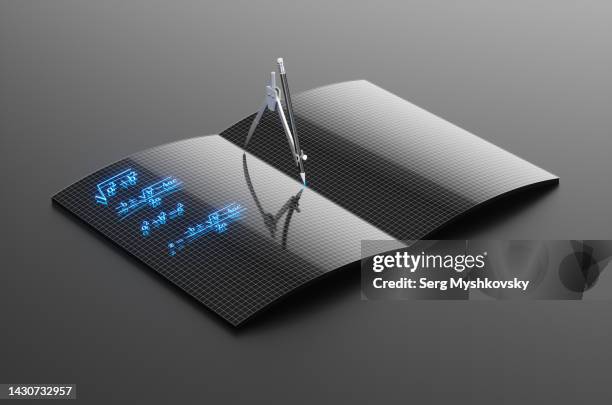 abstract notebook with neon math formulas and a compass with a pencil on a black background. - black mathematician stock pictures, royalty-free photos & images