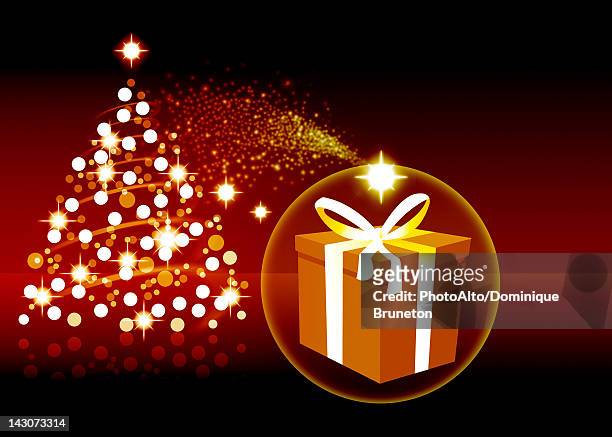 illuminated christmas tree and present - star space stock illustrations