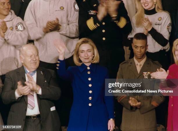 First Lady Hillary Clinton waves prior to President Clinton's State of the Union address in the US Capitol building, Washington DC, US, 24th January...