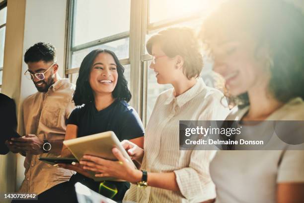 millennial, young and business people creative team on digital technology, happy collaboration and motivation. diversity of young marketing agency staff on mobile connection in startup design studio - praktikant bildbanksfoton och bilder