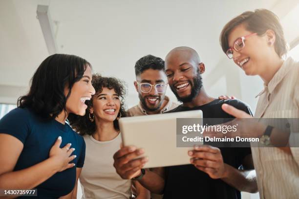 happy, wow and team celebration with tablet for success in business deal, sales or kpi company growth seo project. business people, friends or team with motivation, fun and comic social media video. - social engagement stock pictures, royalty-free photos & images