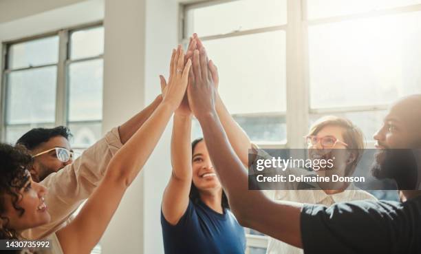 high five, team support and meeting for team building in office, motivation for creative partnership and collaboration success at startup company. business employees celebration work mission strategy - corporate celebration imagens e fotografias de stock