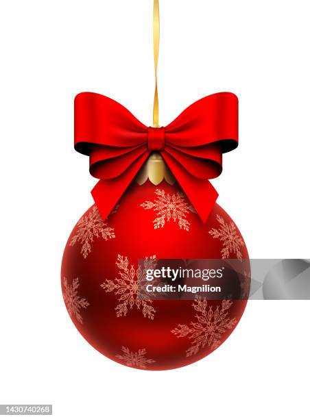 red christmas ball with snowflakes and red bow - silk stock illustrations