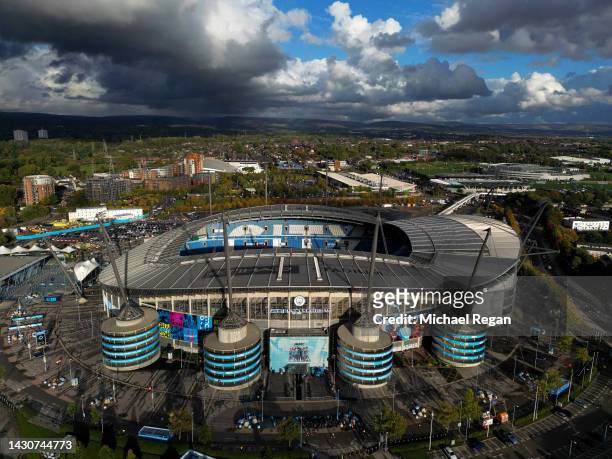 Aerial view of the Etihad Stadium prior to the UEFA Champions League group G match between Manchester City and FC Copenhagen at Etihad Stadium on...
