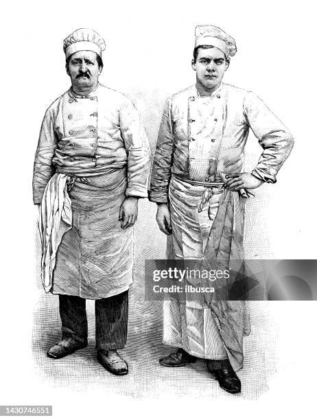 ilustraciones, imágenes clip art, dibujos animados e iconos de stock de imagen antigua: chef gomery y chef vaudier, hotel du palais - antigualla