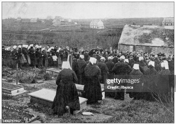 antique image: ceremony for the shipwrecked "drummond castle", cemetery of ouessant (ushant), 1897 - funeral stock illustrations