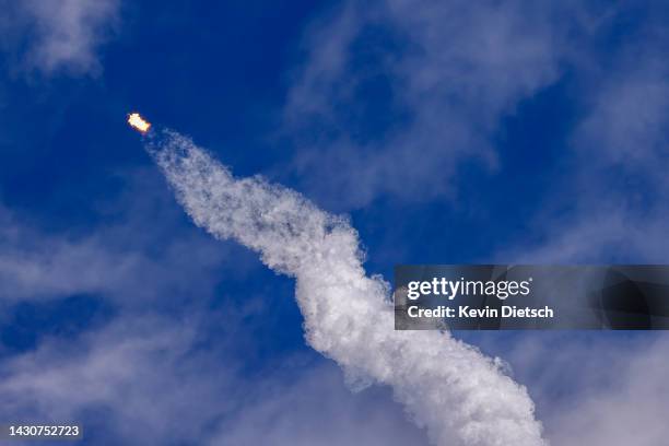 SpaceX’s Falcon 9 rocket with the Dragon spacecraft atop takes off from Launch Complex 39A at NASA's Kennedy Space Center on October 05, 2022 in Cape...