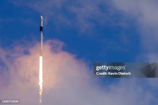 SpaceX’s Falcon 9 rocket with the Dragon spacecraft atop takes off from Launch Complex 39A at NASA's Kennedy Space Center on October 05, 2022 in Cape...