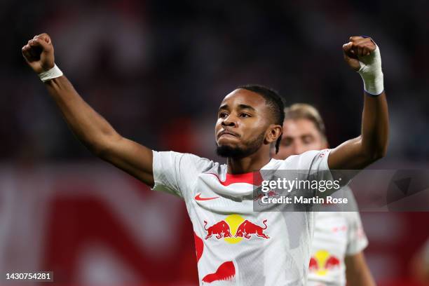 Christopher Nkunku of RB Leipzig celebrates a goal which was later disallowed by VAR during the UEFA Champions League group F match between RB...