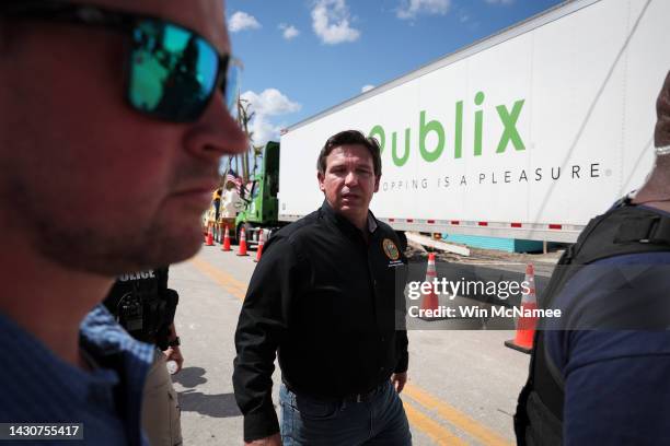 Florida Gov. Ron DeSantis departs a press conference on the island of Matlacha on October 05, 2022 in Matlacha, Florida. DeSantis delivered remarks...