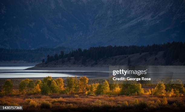 The Grand Teton Mountain Range is viewed from Jackson Lake Lodge on September 27 at Jackson Lake, Wyoming. Grand Teton National Park is an American...