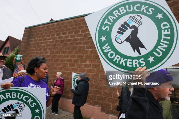 Starbucks workers hold a rally on October 05, 2022 in New York City. Starbucks Workers United were joined in solidarity by various unions as they...